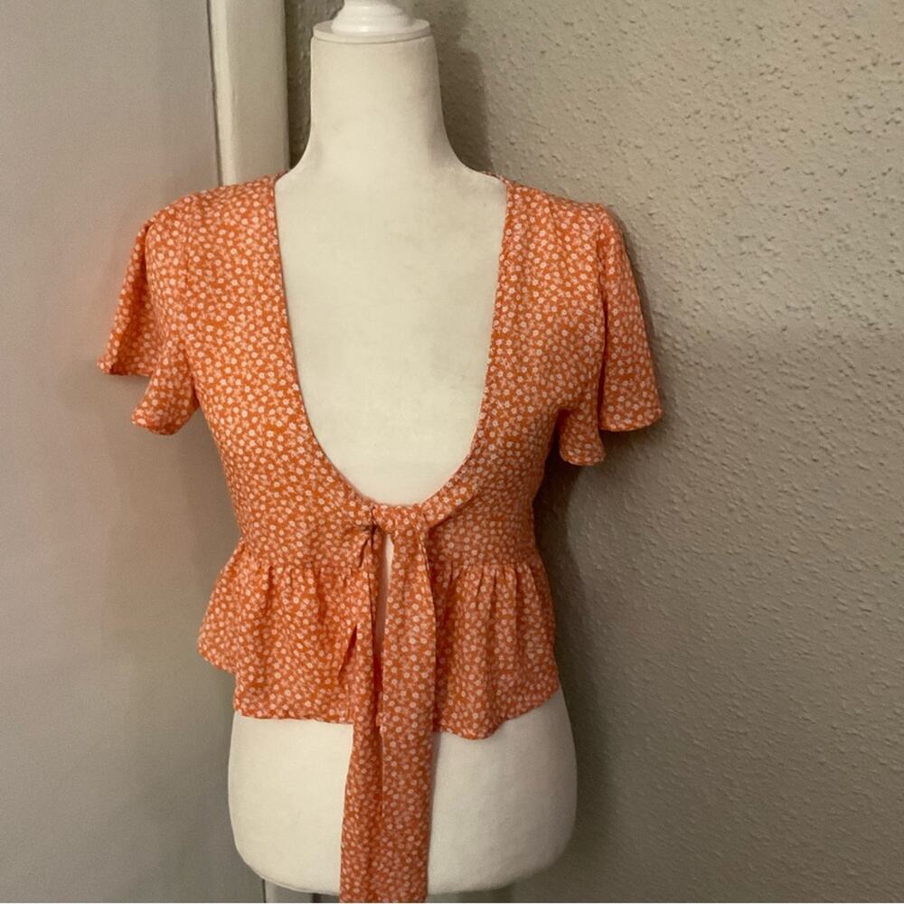 Zaful Floral Print Flutter Sleeve Blouse Orange/White 4 Cottagecore Balletcore